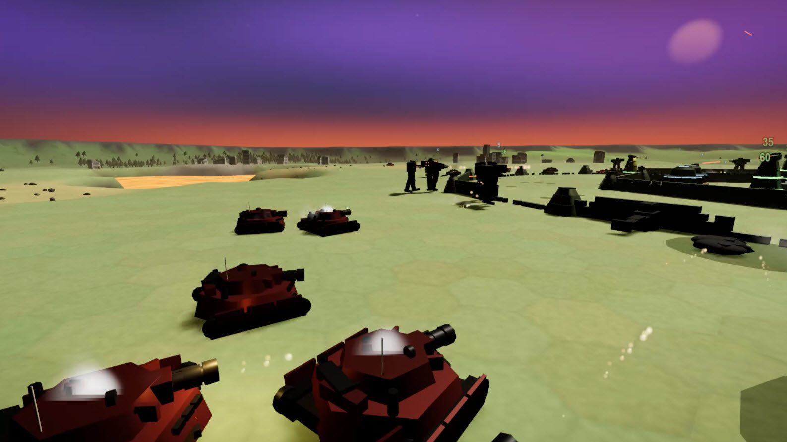 Red hostile armour and walking Mechanaut units crossing open ground at dusk toward a defended line