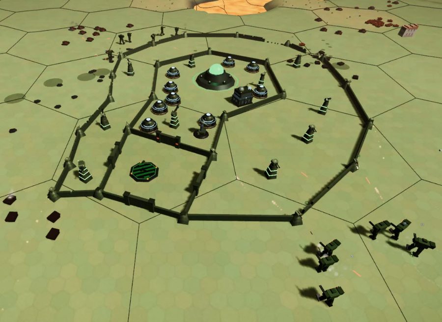 Overhead view of a walled base with gun emplacements ringing the Core