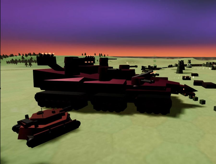 The Siege Breaker, a huge multi-turreted boss tank, advancing at dusk